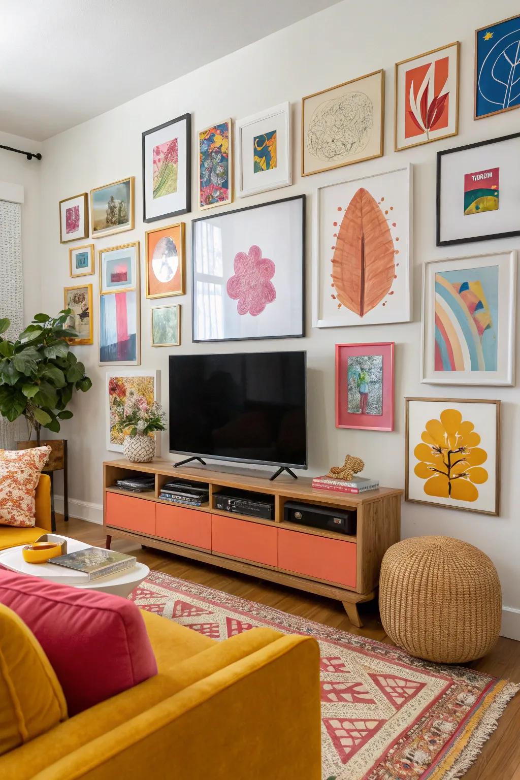 Splashes of color energize this vibrant TV gallery wall.