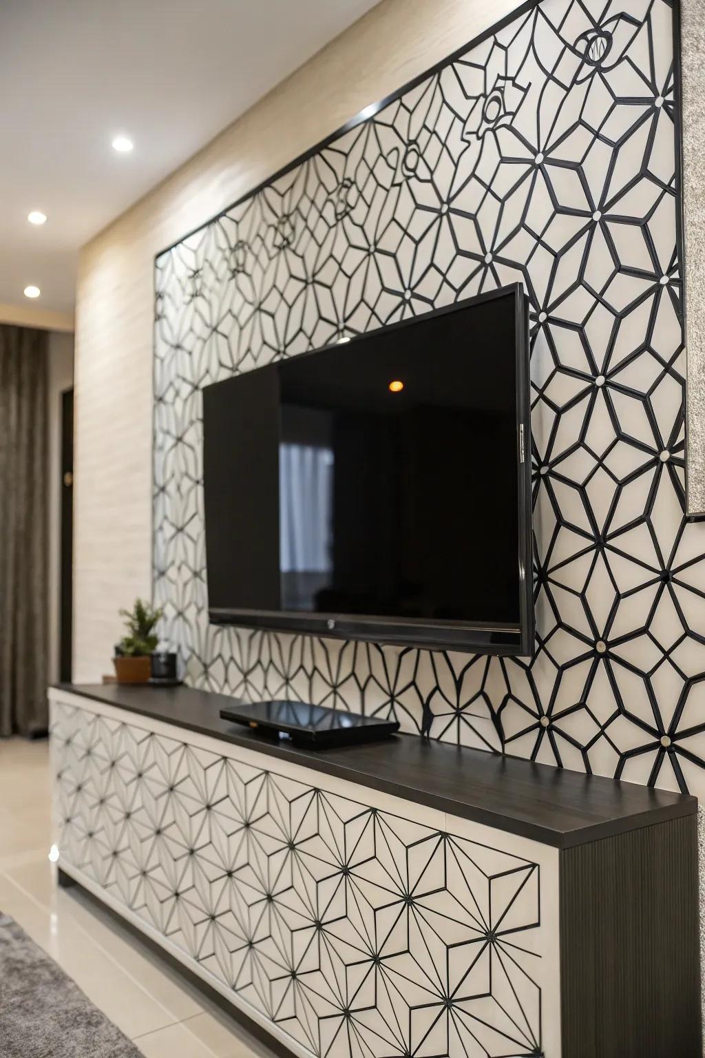 Geometric patterns introduce a modern flair to this TV wall.