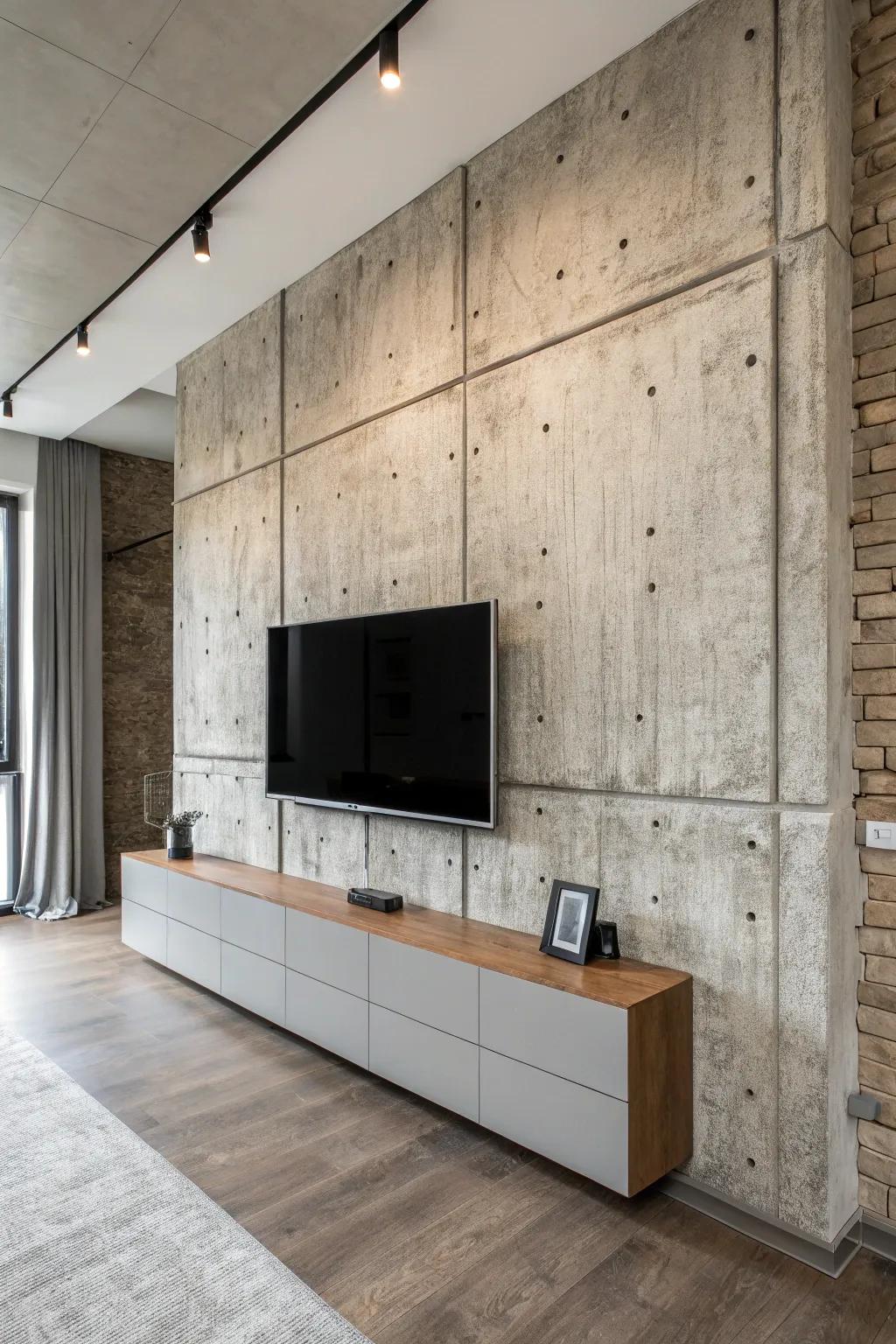 Concrete panels bring an urban industrial vibe to this TV wall.