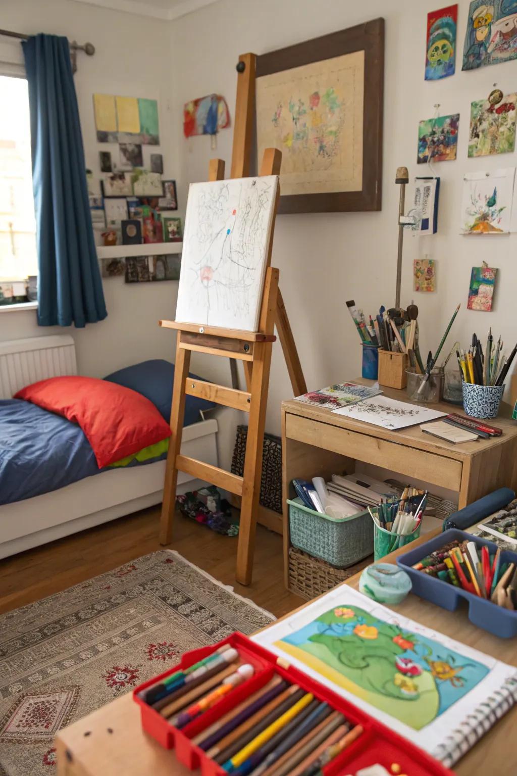 An artistic setup encouraging creativity in a tween's room.