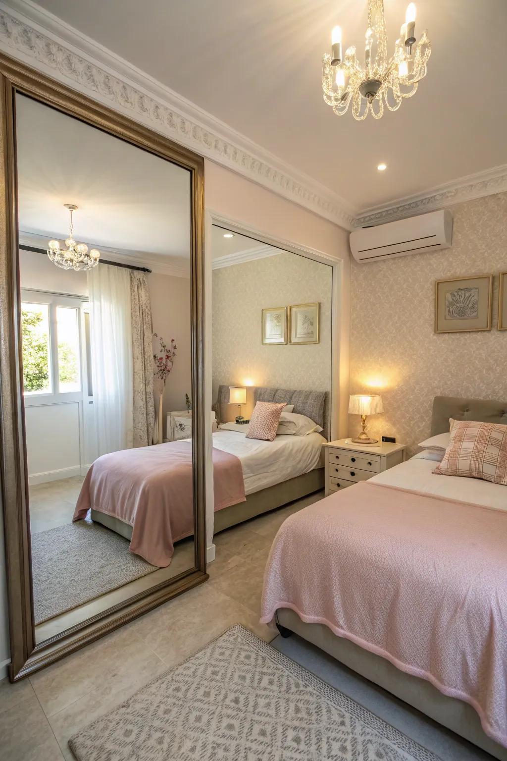 Mirrors enhance light and space in the twin bedroom.