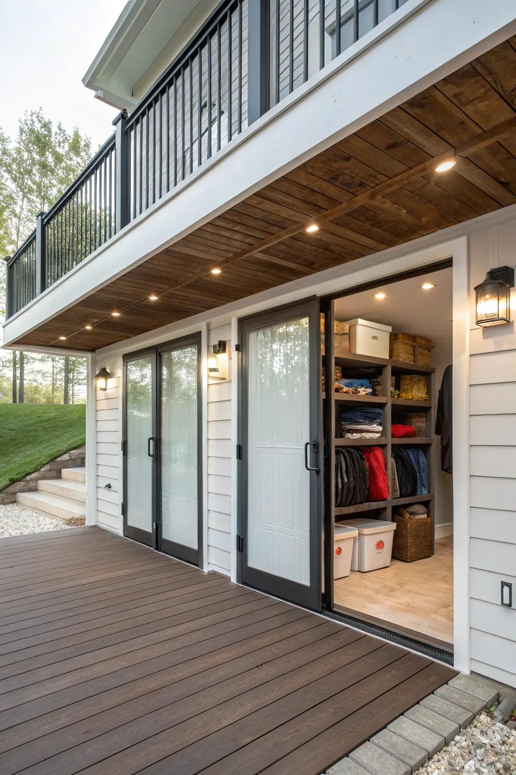 Entry apertures furnish convenience and style to under-deck storage areas.