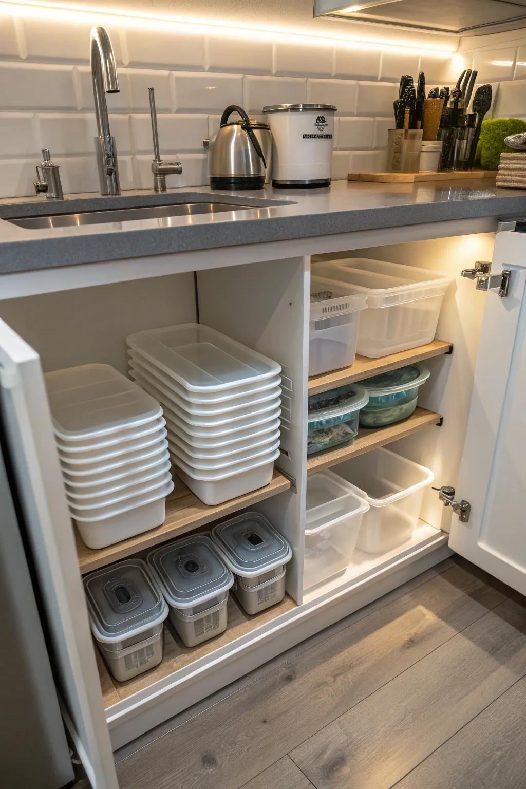 Stackable containers help make the most of vertical space and organization.