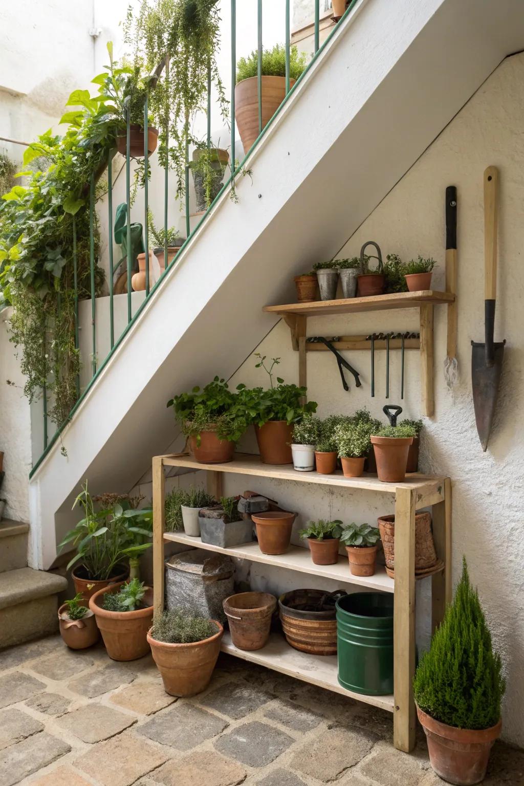 A gardener's corner beneath the stairs for plant lovers.