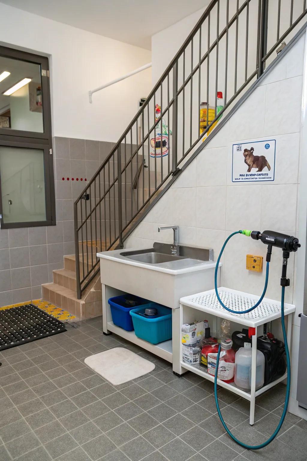 A convenient pet washing area ingeniously placed under the stairs.