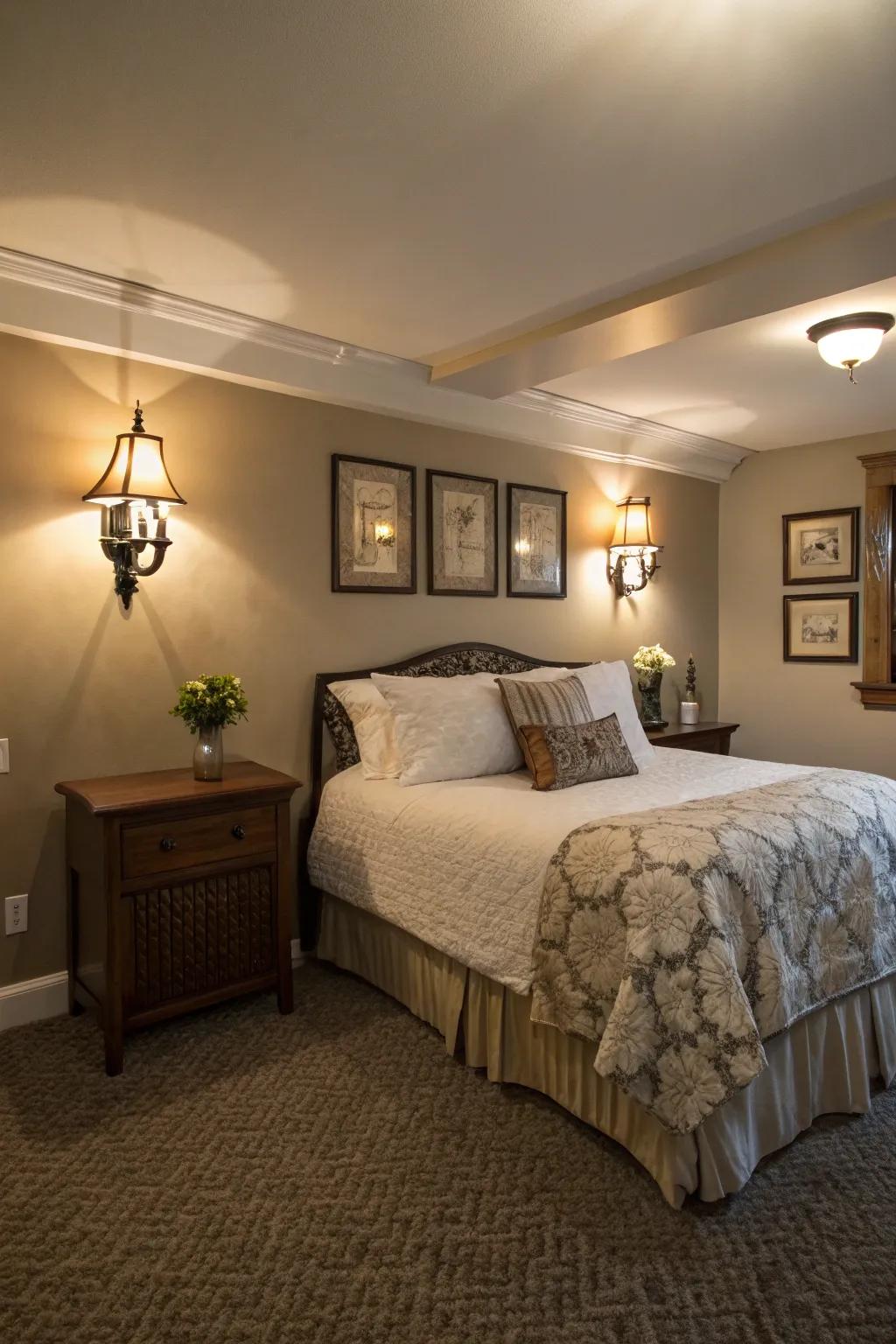 Wall sconces can provide soft, flattering illumination in your basement bedroom.
