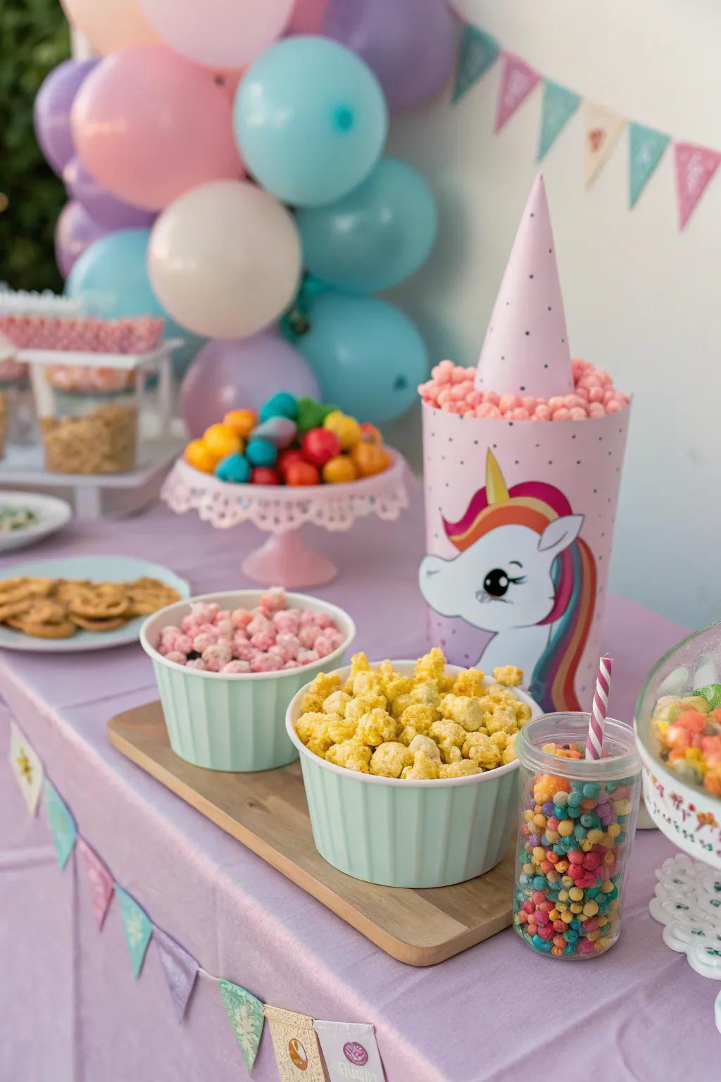 A magical unicorn treat station featuring colorful snacks.