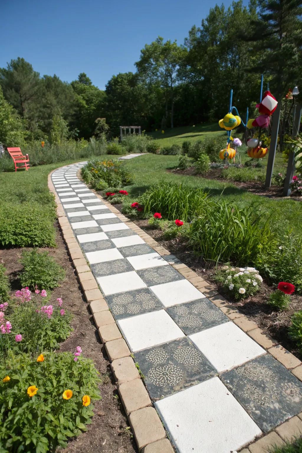 Patterned walkways introduce a dynamic pattern to garden layouts.