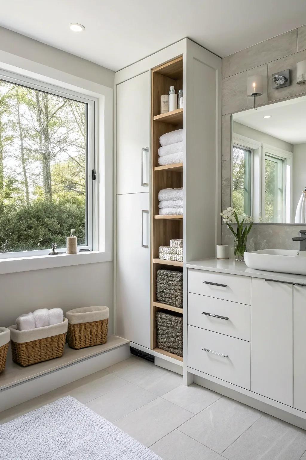 Creative storage solutions keep the bathroom organized and efficient.