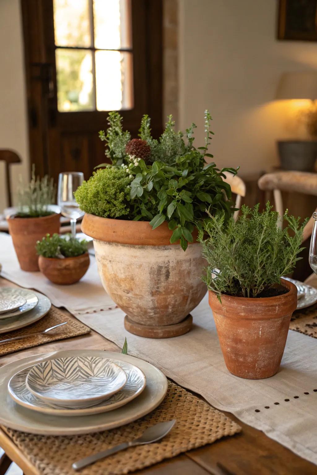 Handmade clay jars introduce earthy charm to the table.