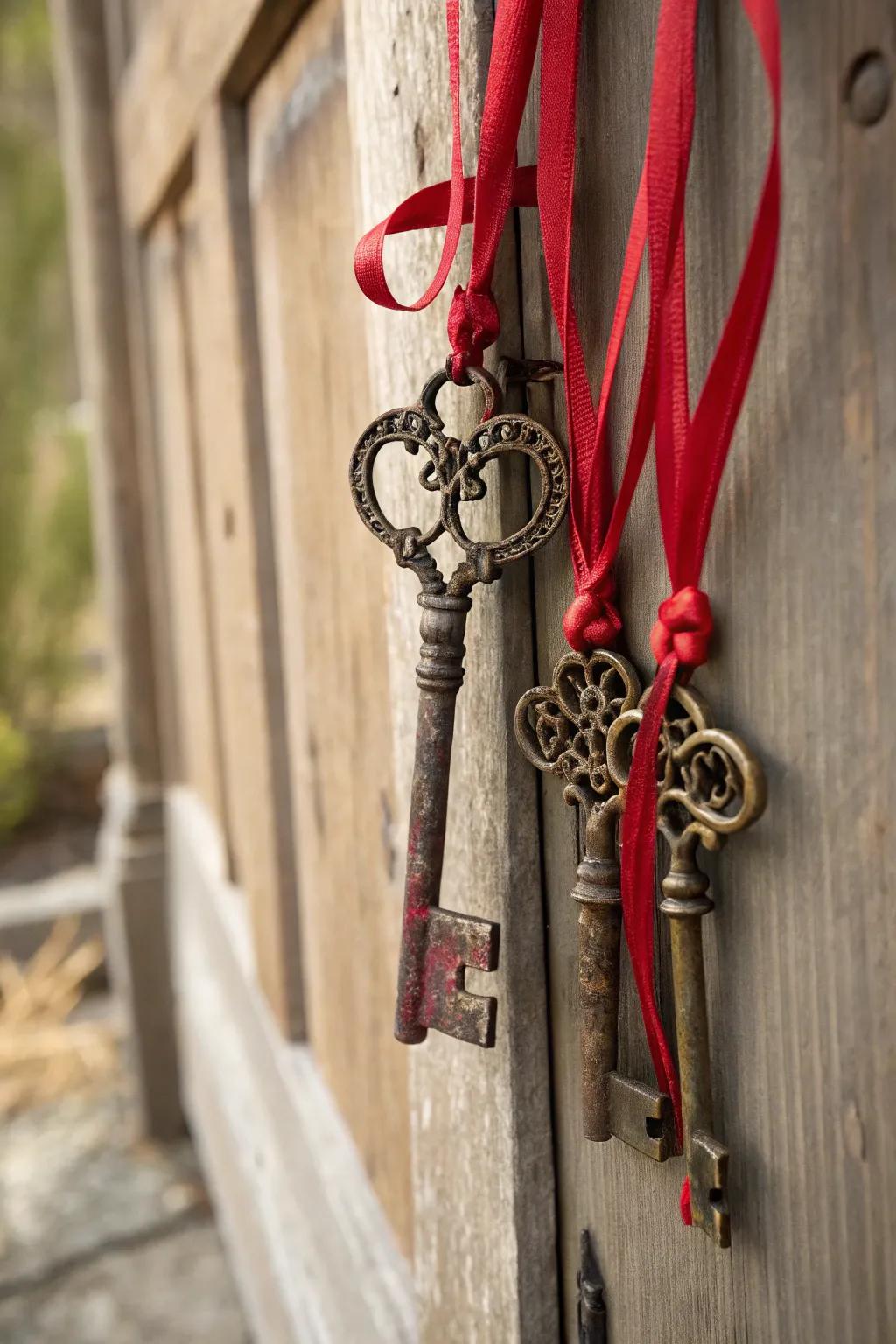 Vintage keys contribute an element of mystery and charm to Valentine's decor.