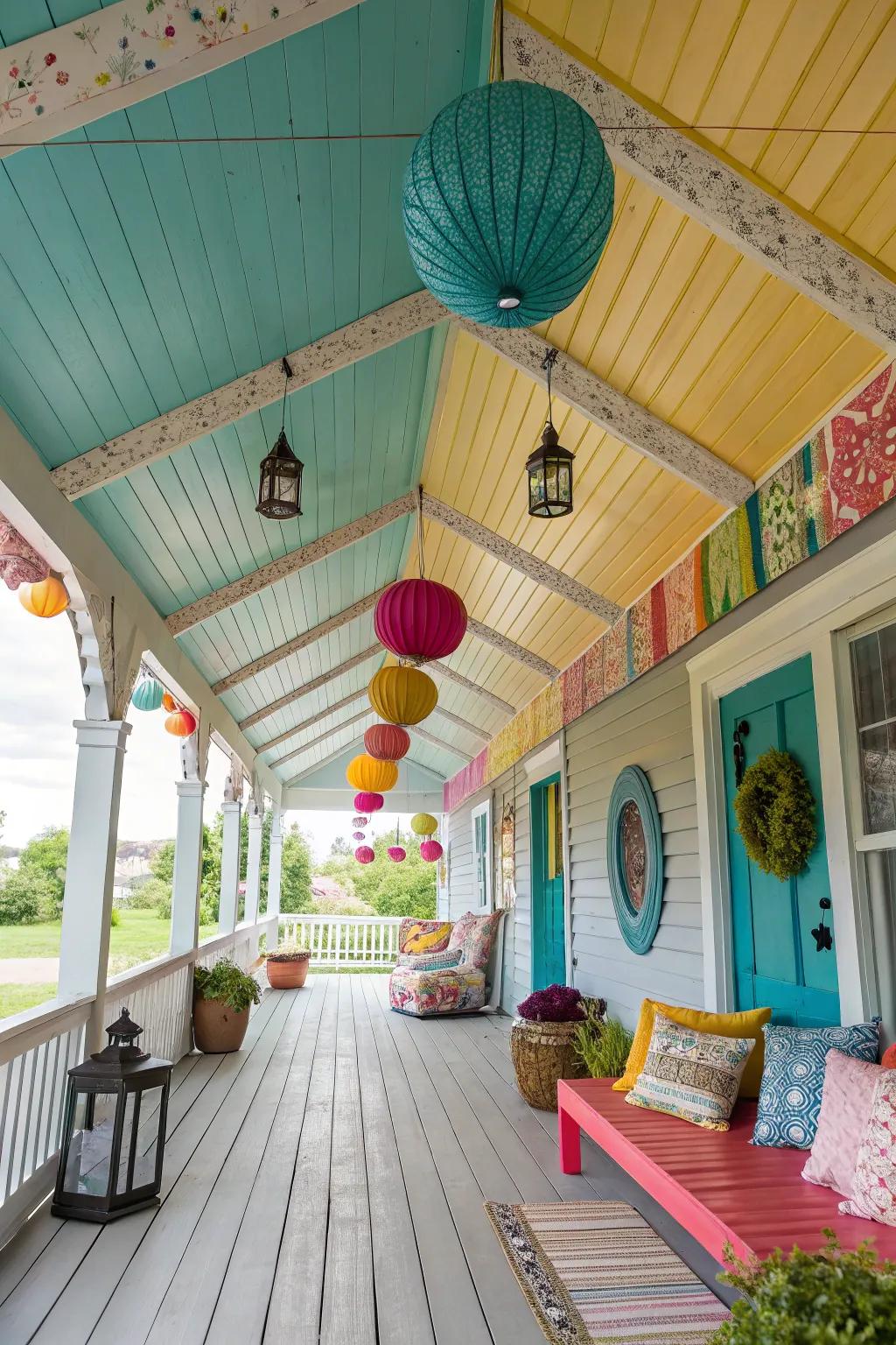 Spread joy with a colorful plank ceiling.