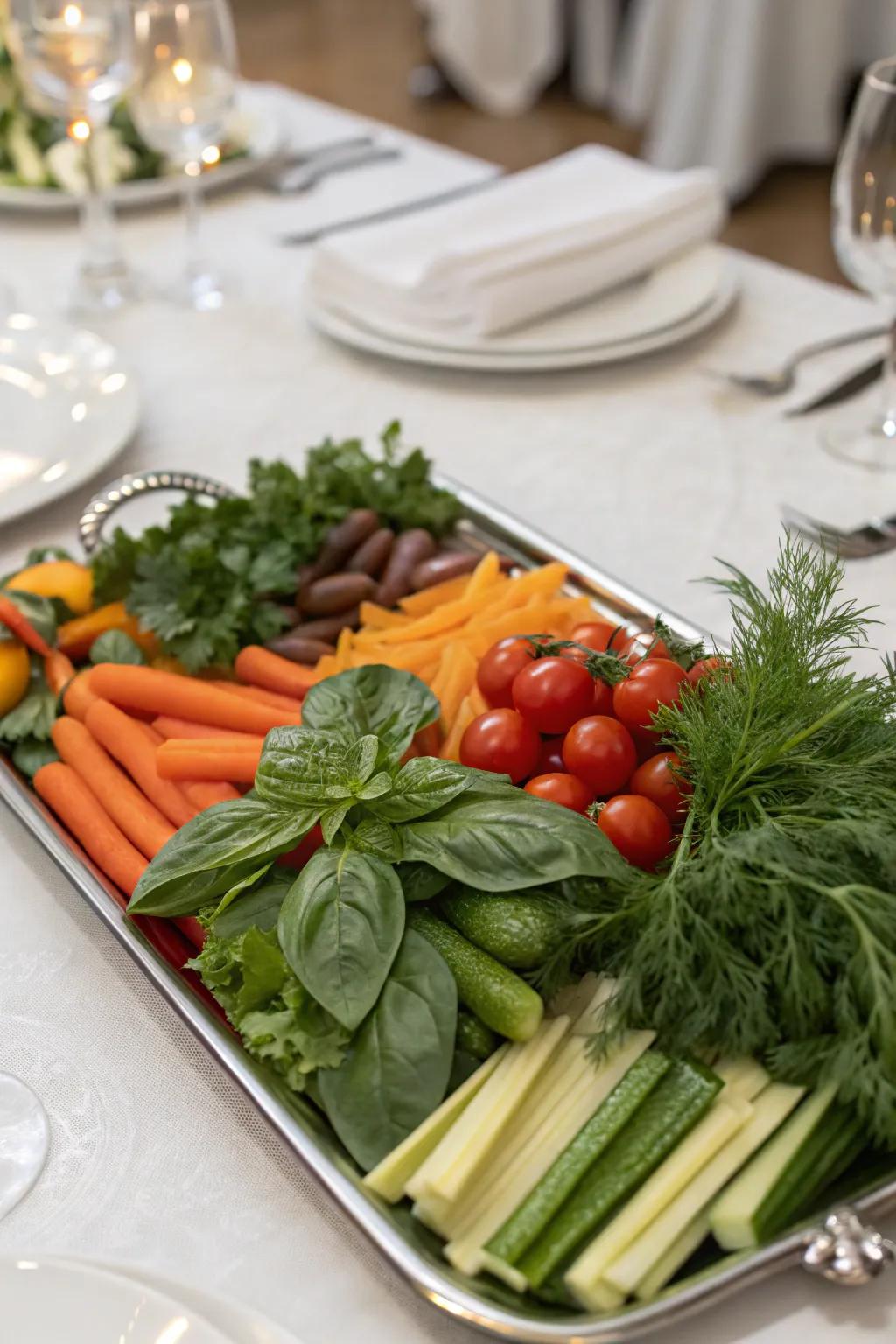 Veggie platter accented with fresh herbs.