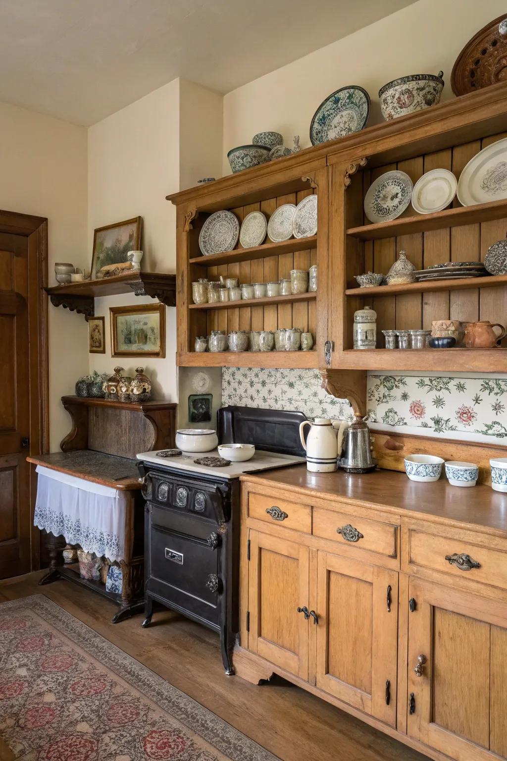 Open shelving showcases personal collections in a Victorian kitchen area.