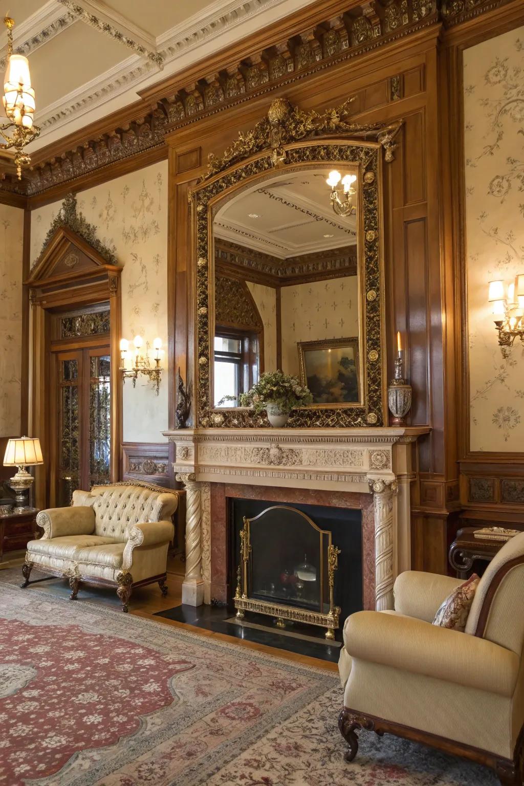 A gilded reflector above the fireplace introduces elegance and illumination to the space.