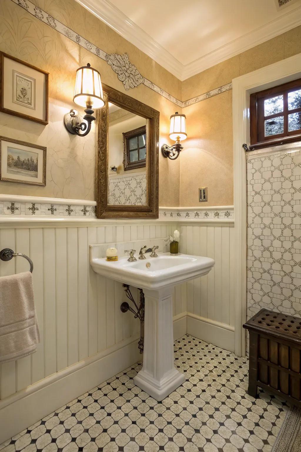 Paneling gives ageless architectural interest to vintage bathrooms.