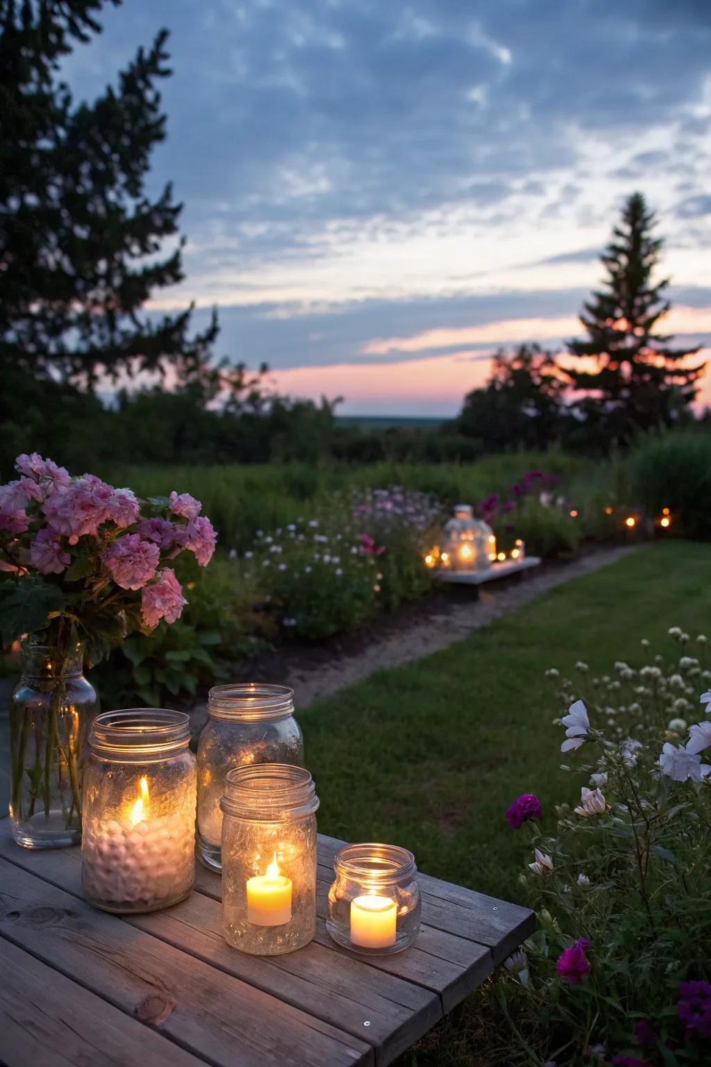 Glassware creates enchanting garden lusters.