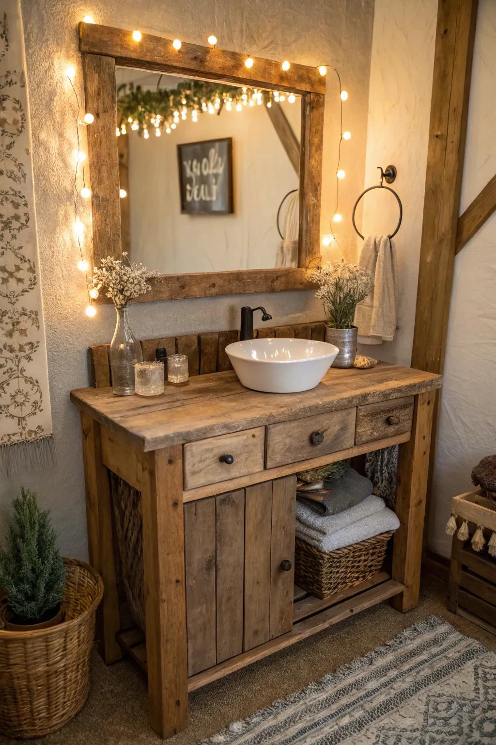 Recovered wood gives a rustic and unique touch to antique vanities.