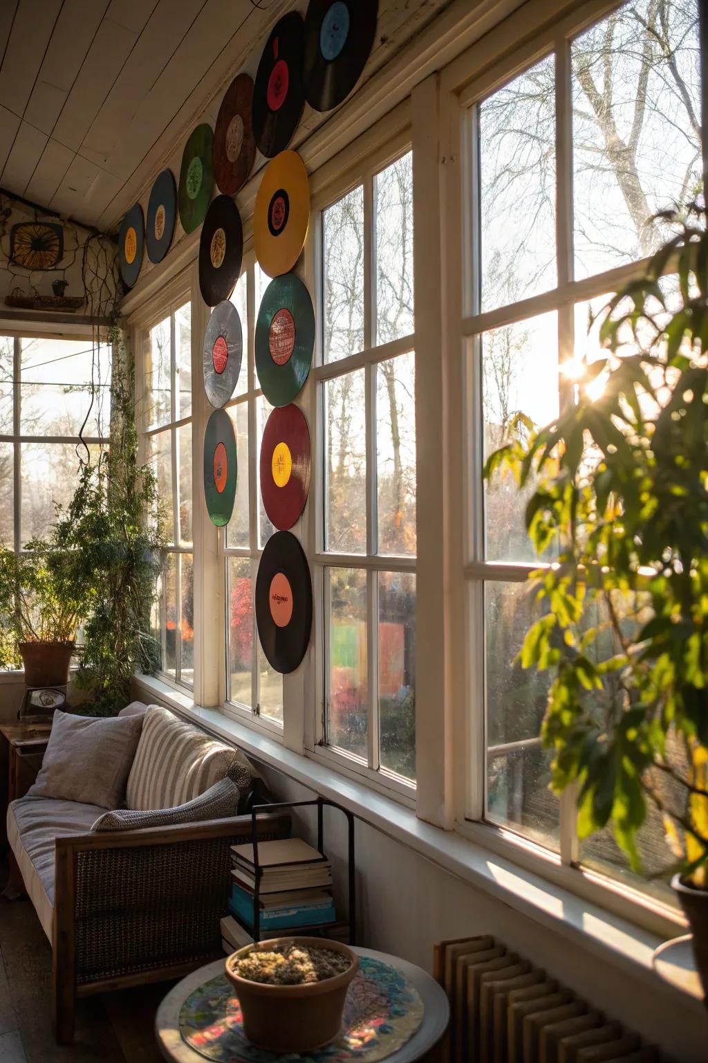 Develop a lively window display by hanging vinyl circles.