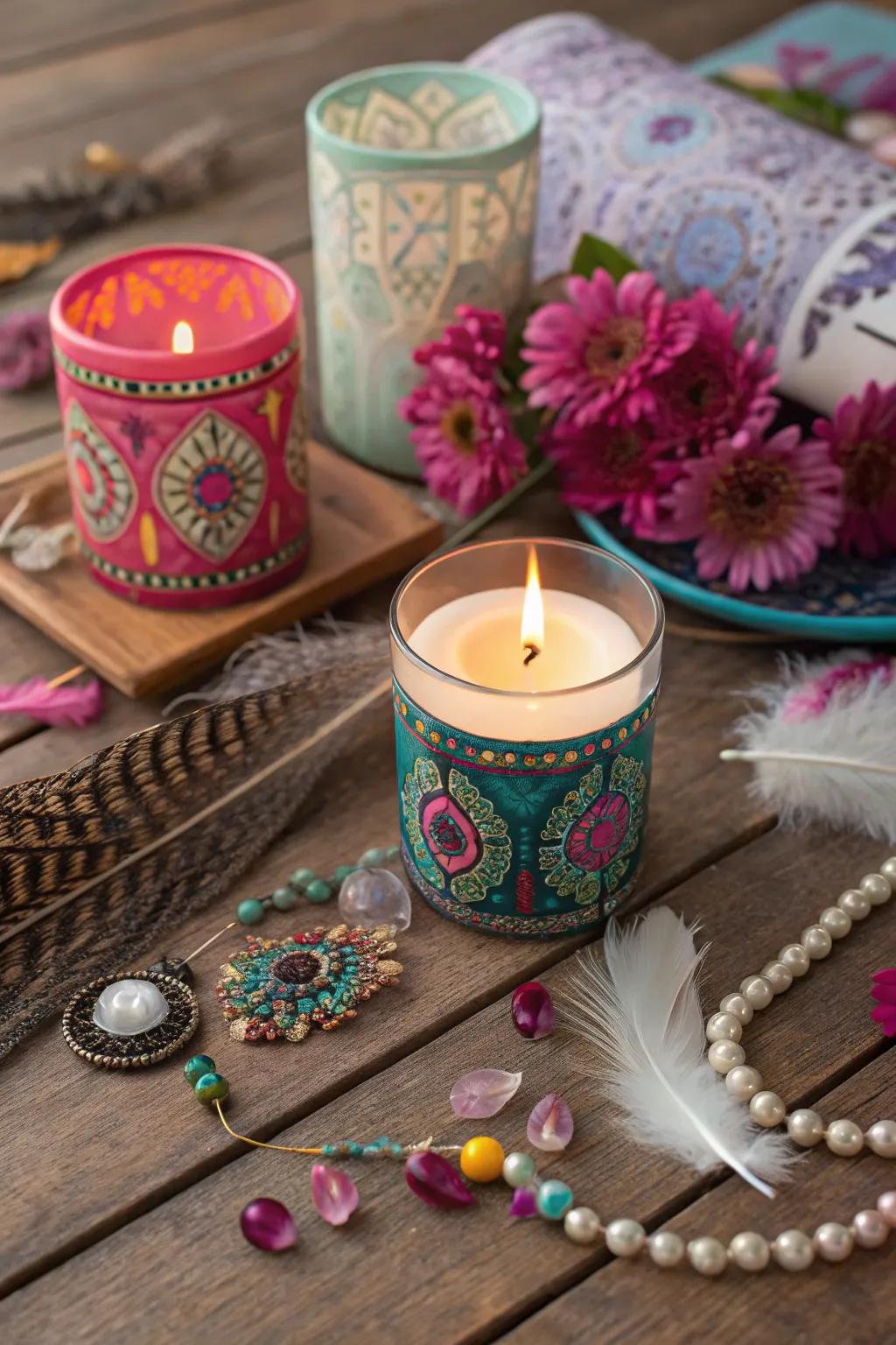 Eclectic stands add a bohemian vibe to votive lights.