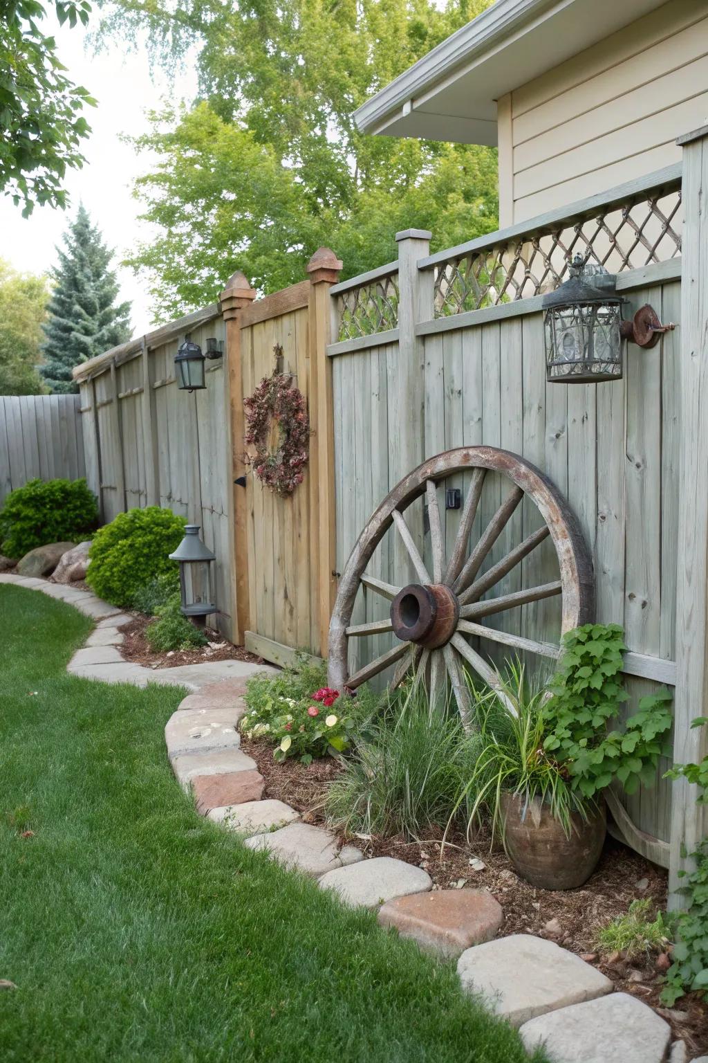 A cart wheel artistically incorporated into a backyard fence, adding visual interest.
