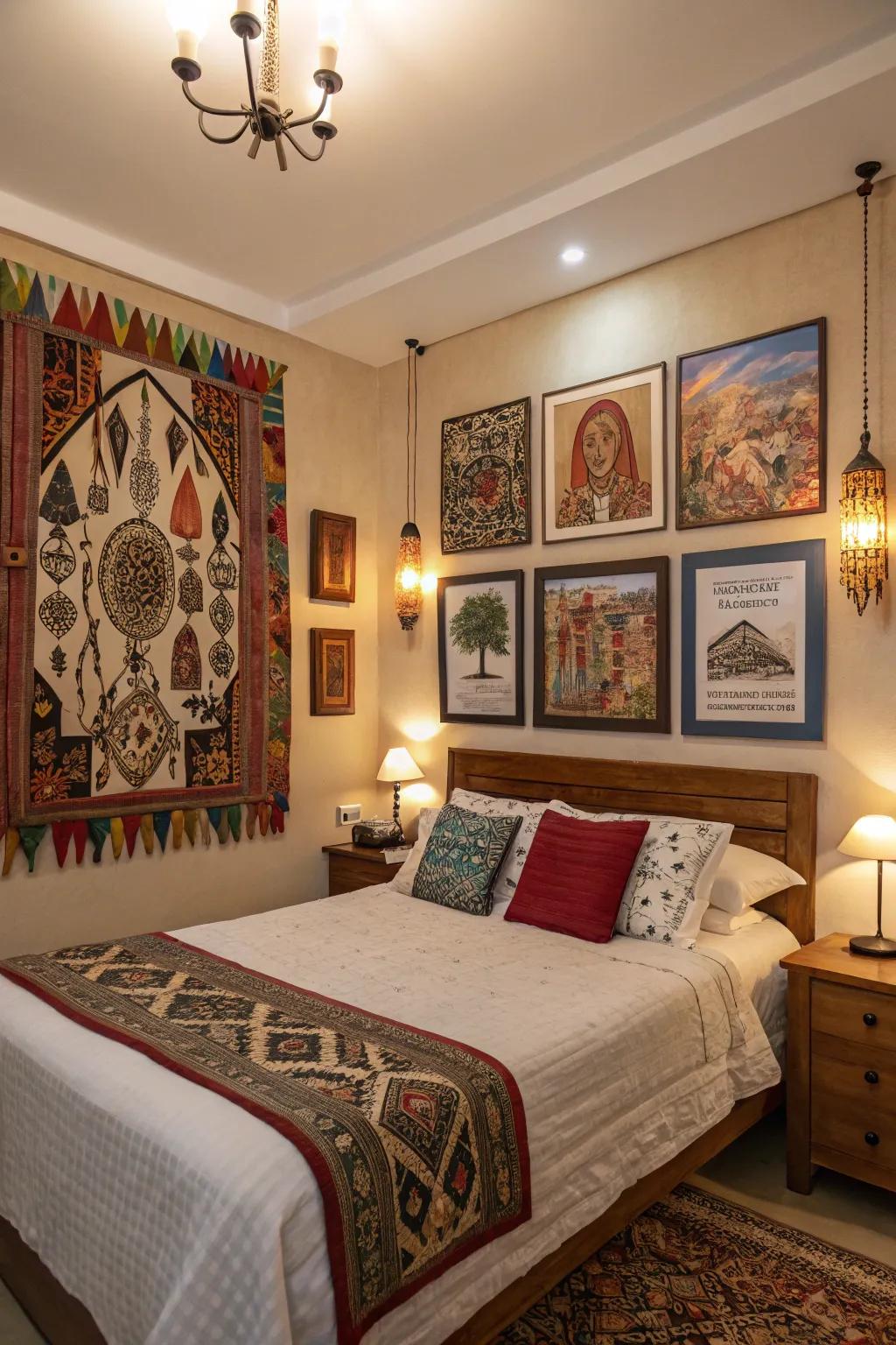 Art from different cultures brings personal stories into your bedroom.