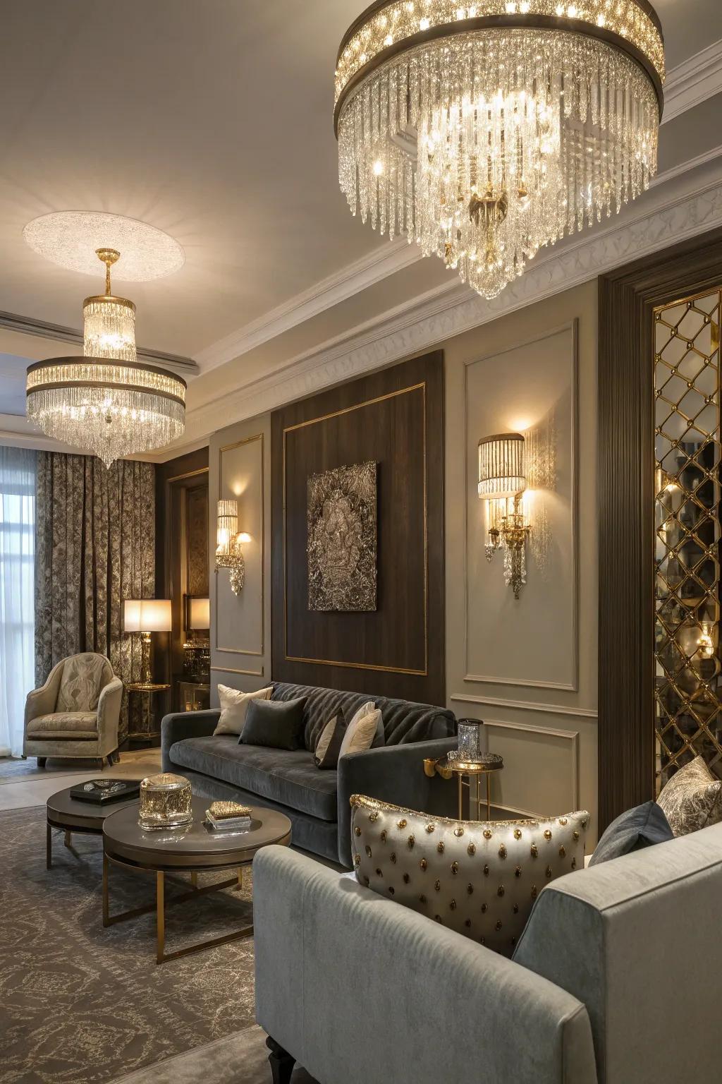 Add luxury by using glamorous crystal wall lights.