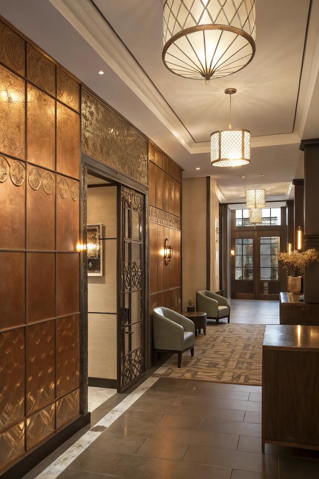 Metallic accents enhance walls with an element of glamorous charm.