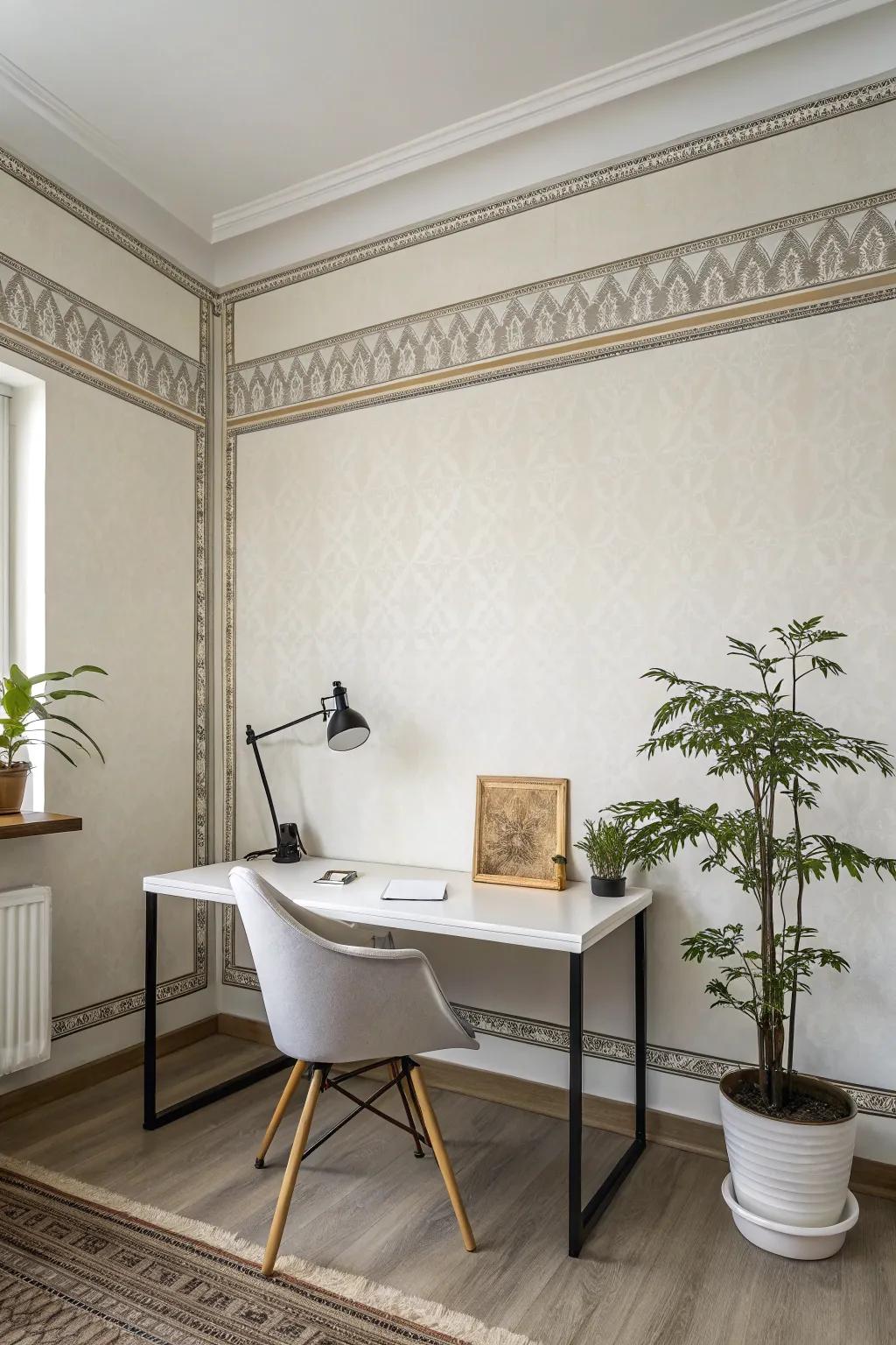 A minimalist office enhanced by a simple, sophisticated wallpaper border.