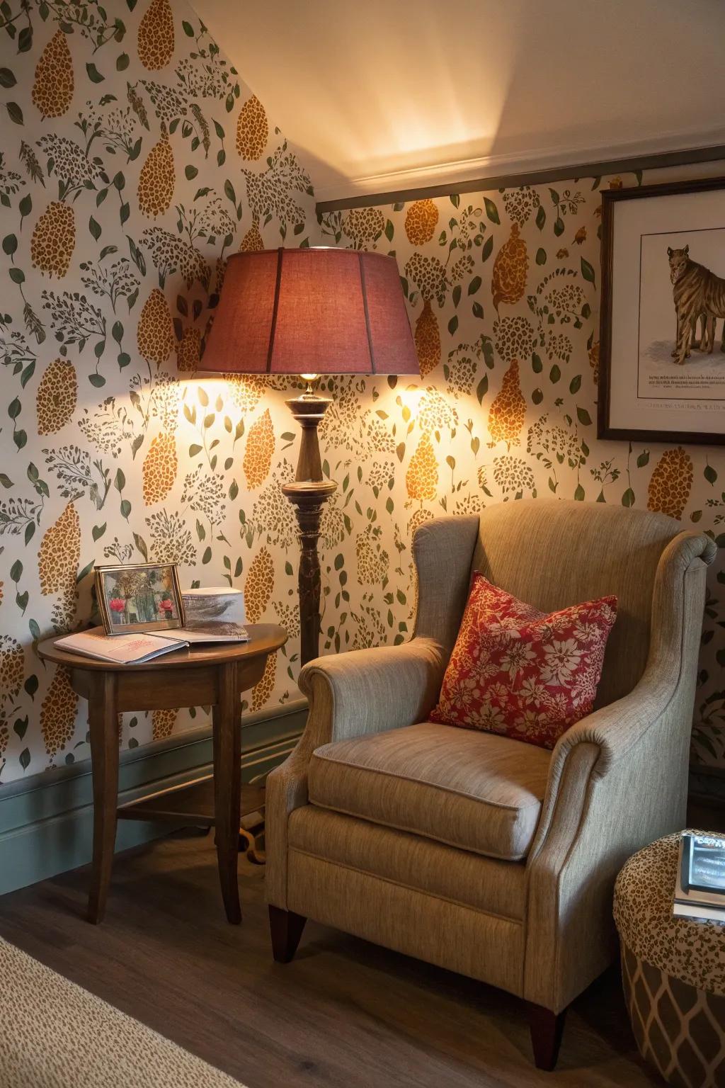 Fauna motif wallpaper fashions a snug and welcoming perusing alcove.