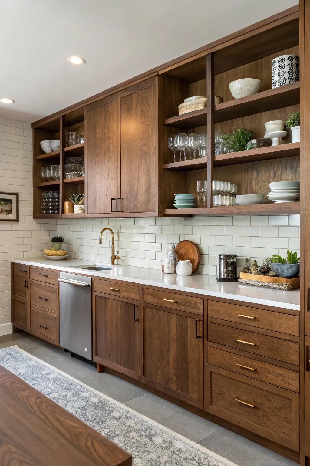 Open shelving complements the elegance of pecan finish cabinets.