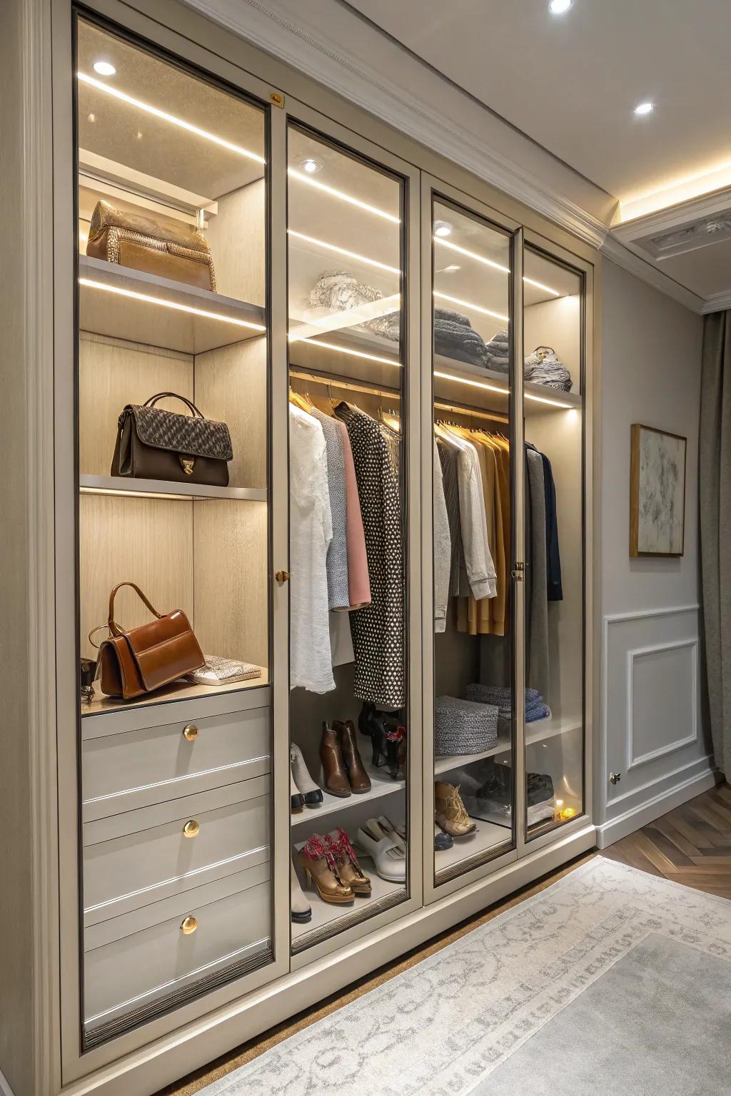 Glass doors bring a modern touch to wardrobe interiors.