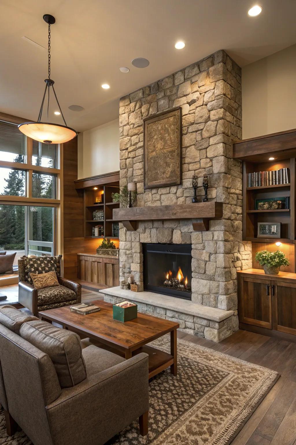 A stone fireplace establishes a warm and inviting focal point.