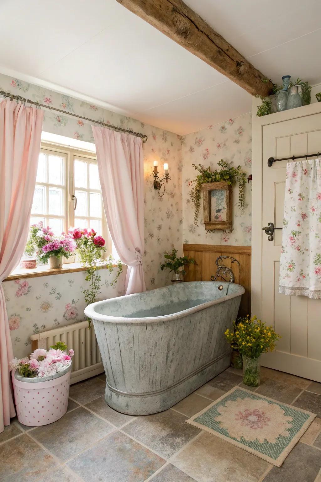 Craft a welcoming space through rural charm accompanied by a water container bathtub.