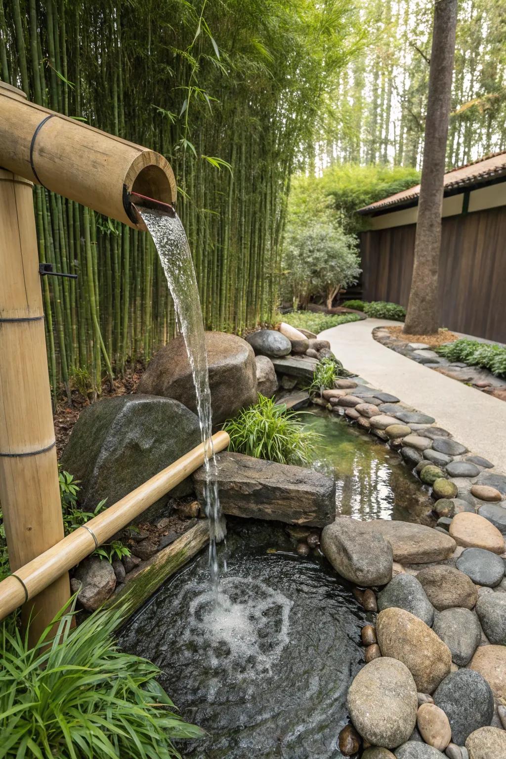 A bamboo water feature delivers zen and tranquility to your outdoor space.