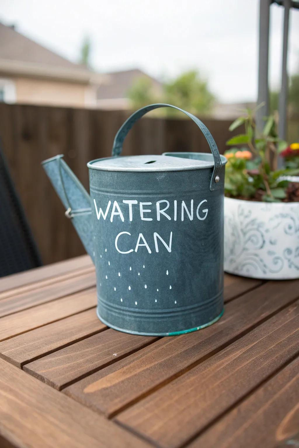A watering can with slate coating, perfect for changing messages.