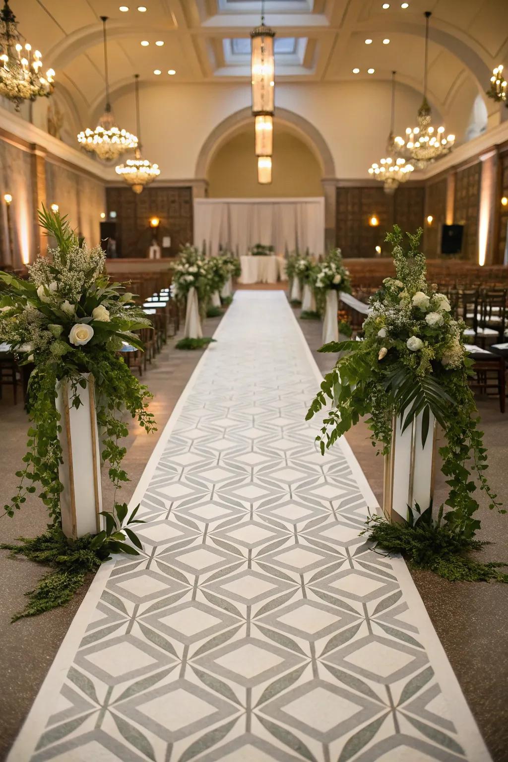 A modern geometric pattern brings a unique element to the aisle.