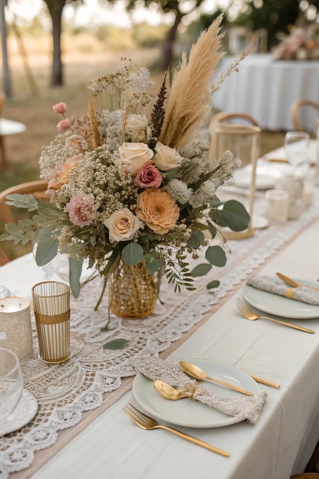 A bohemian centerpiece combines dried and fresh flowers for a chic look.