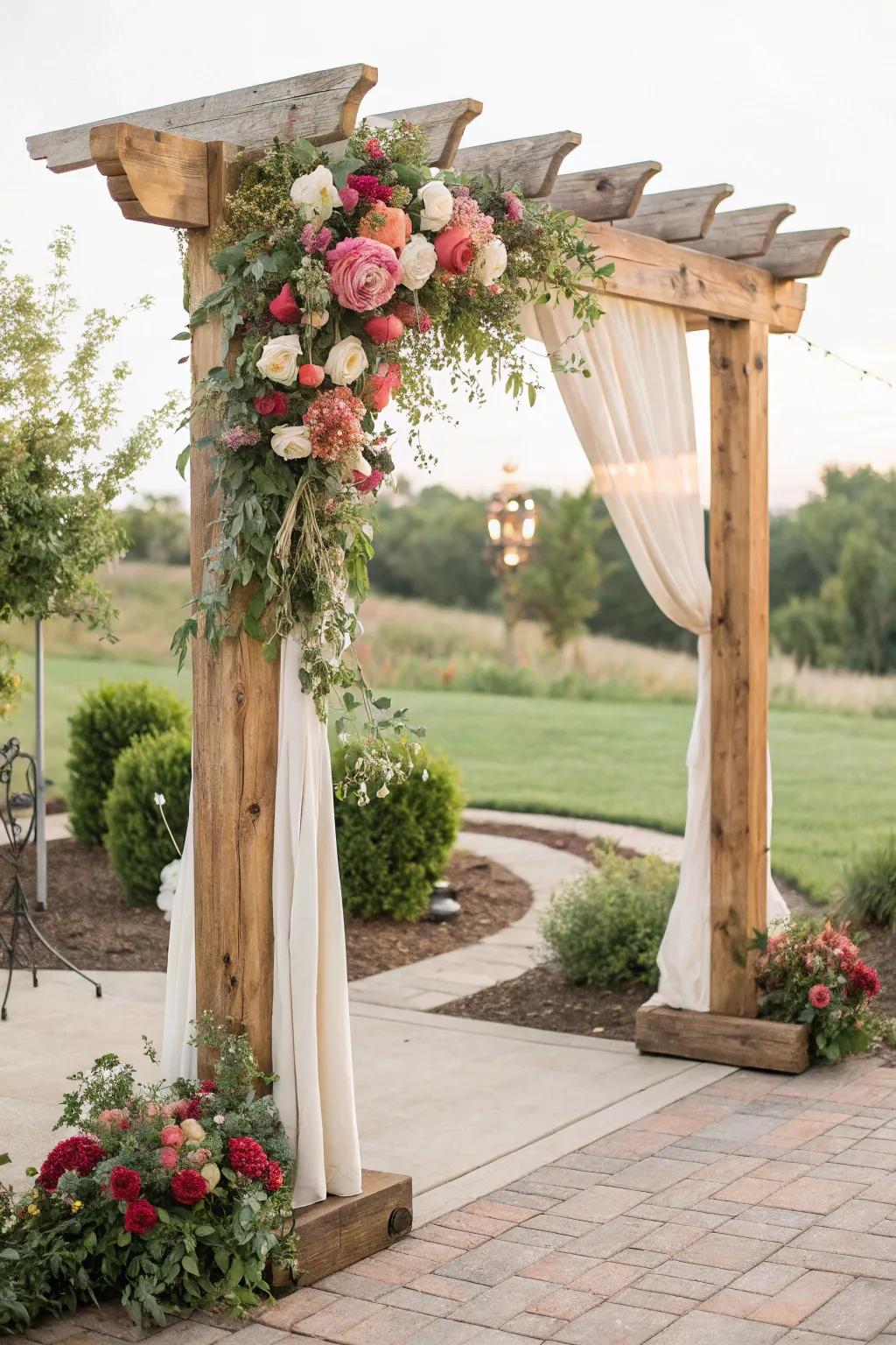 A make-your-own ceremony arch made from reclaimed wood and decorated with full flowers.