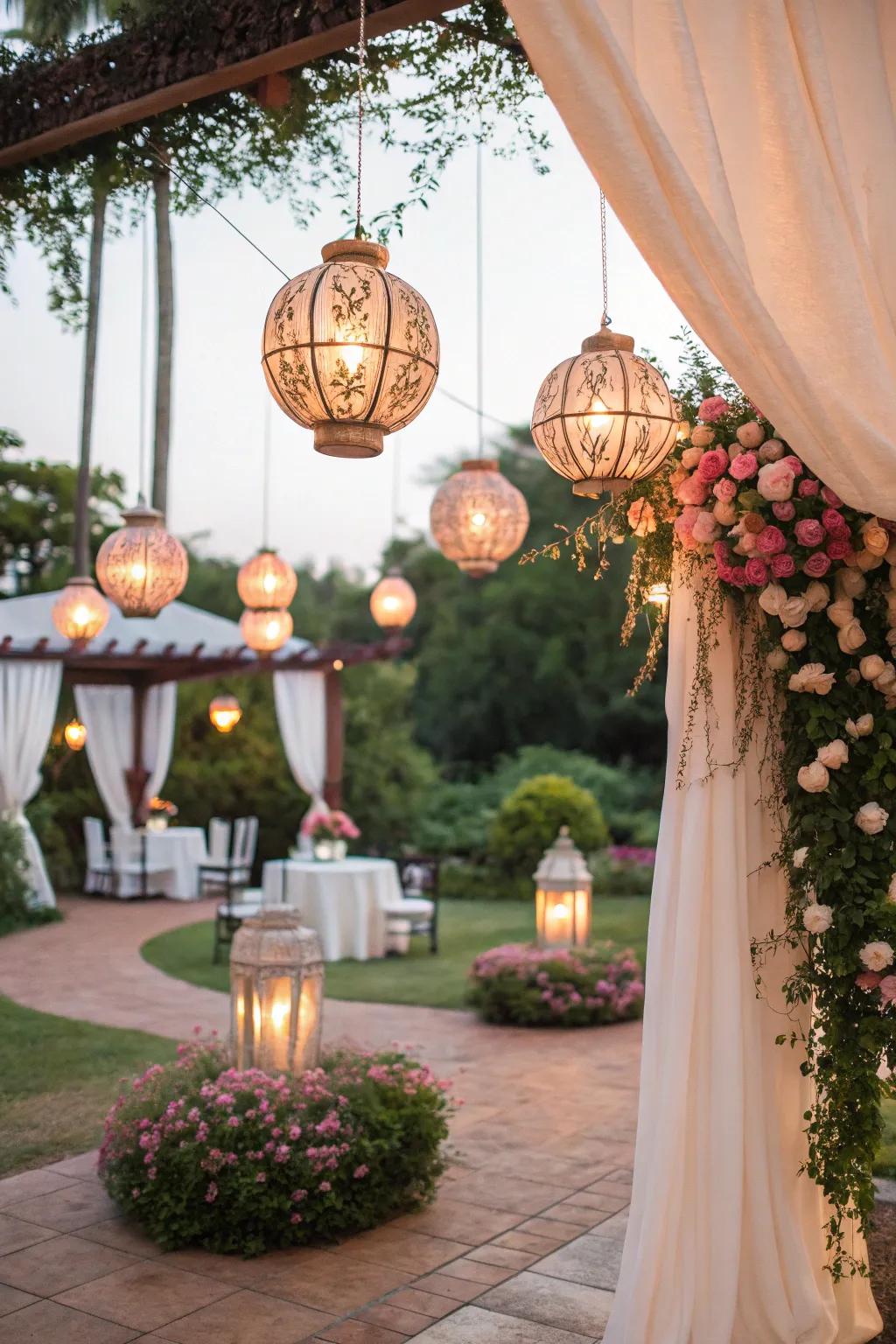 Suspended lamps introduce whimsy to the wedding decor.