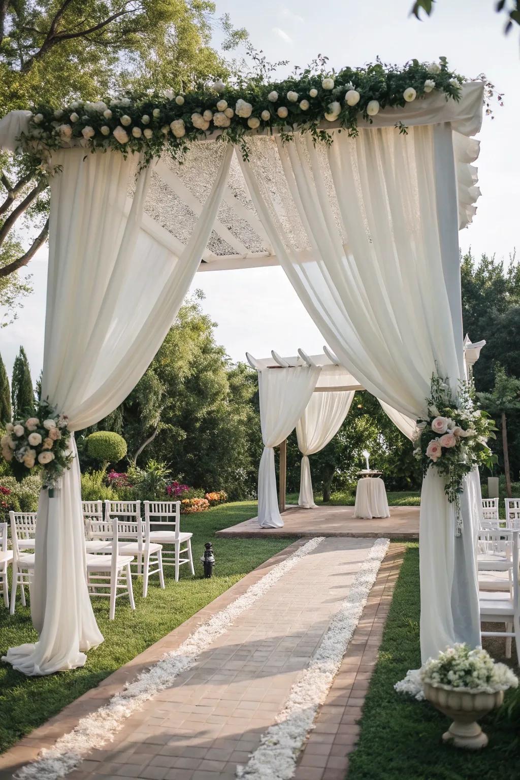 Design an elegant outdoor setting through textiles creating a tent effect.