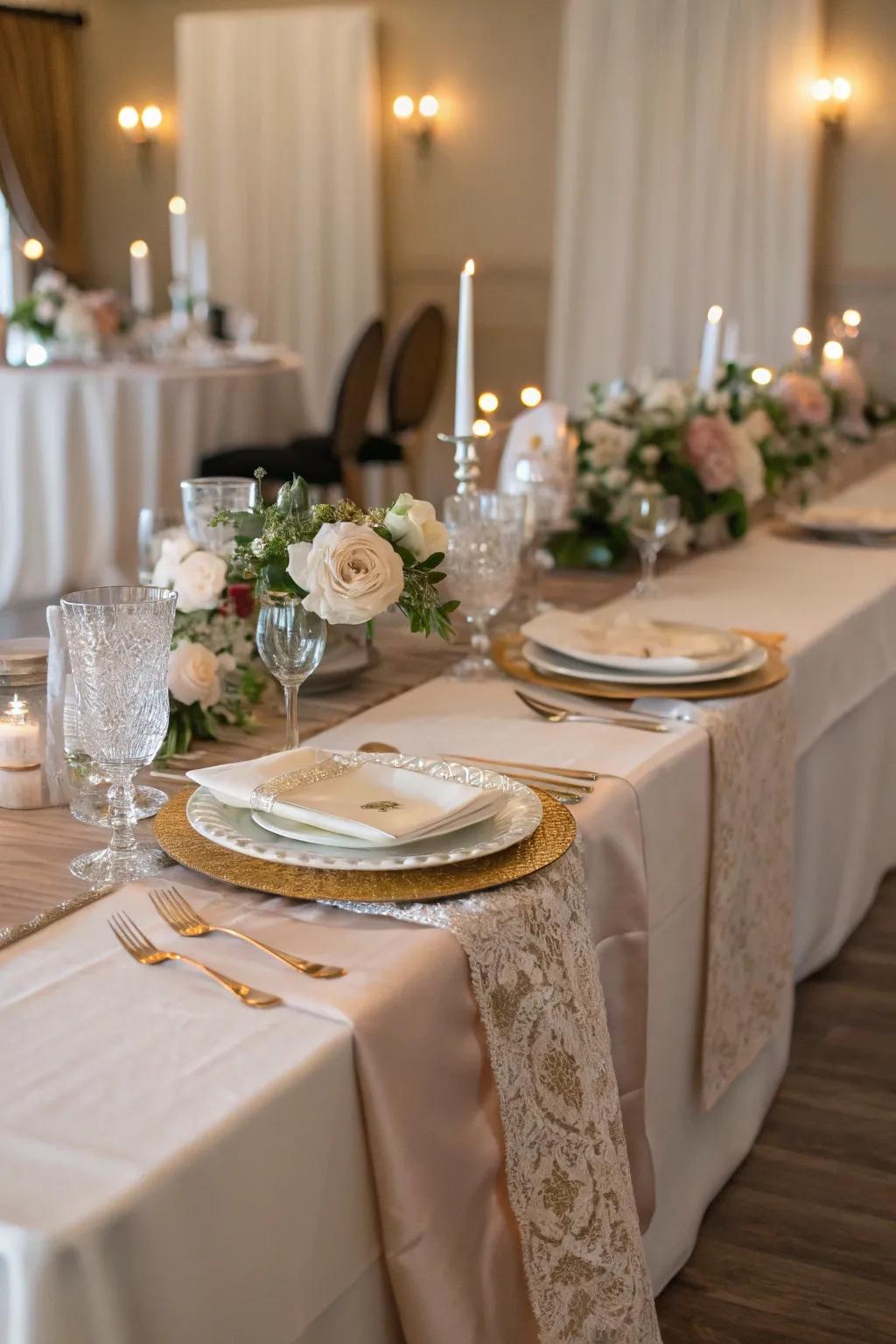 A chic fabric runner adds texture to the head table.