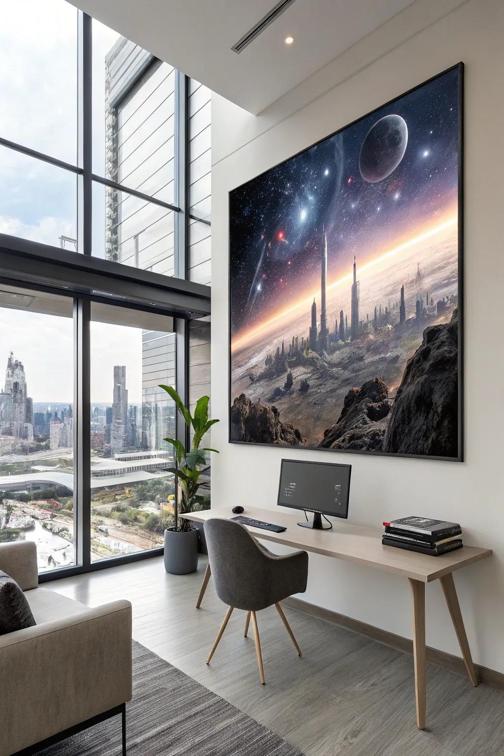 A futuristic sci-fi painting establishing a cutting-edge tone within a domestic office.