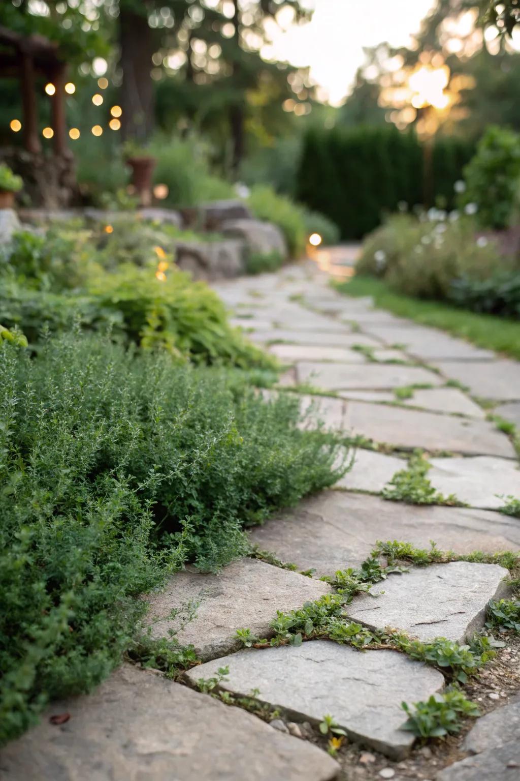 Creeping herbs providing fragrance and beauty to paver paths.