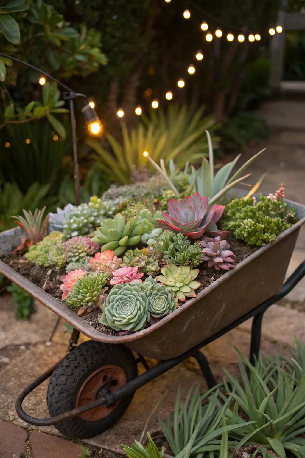 A vibrant assortment of succulents within a wheelbarrow display.