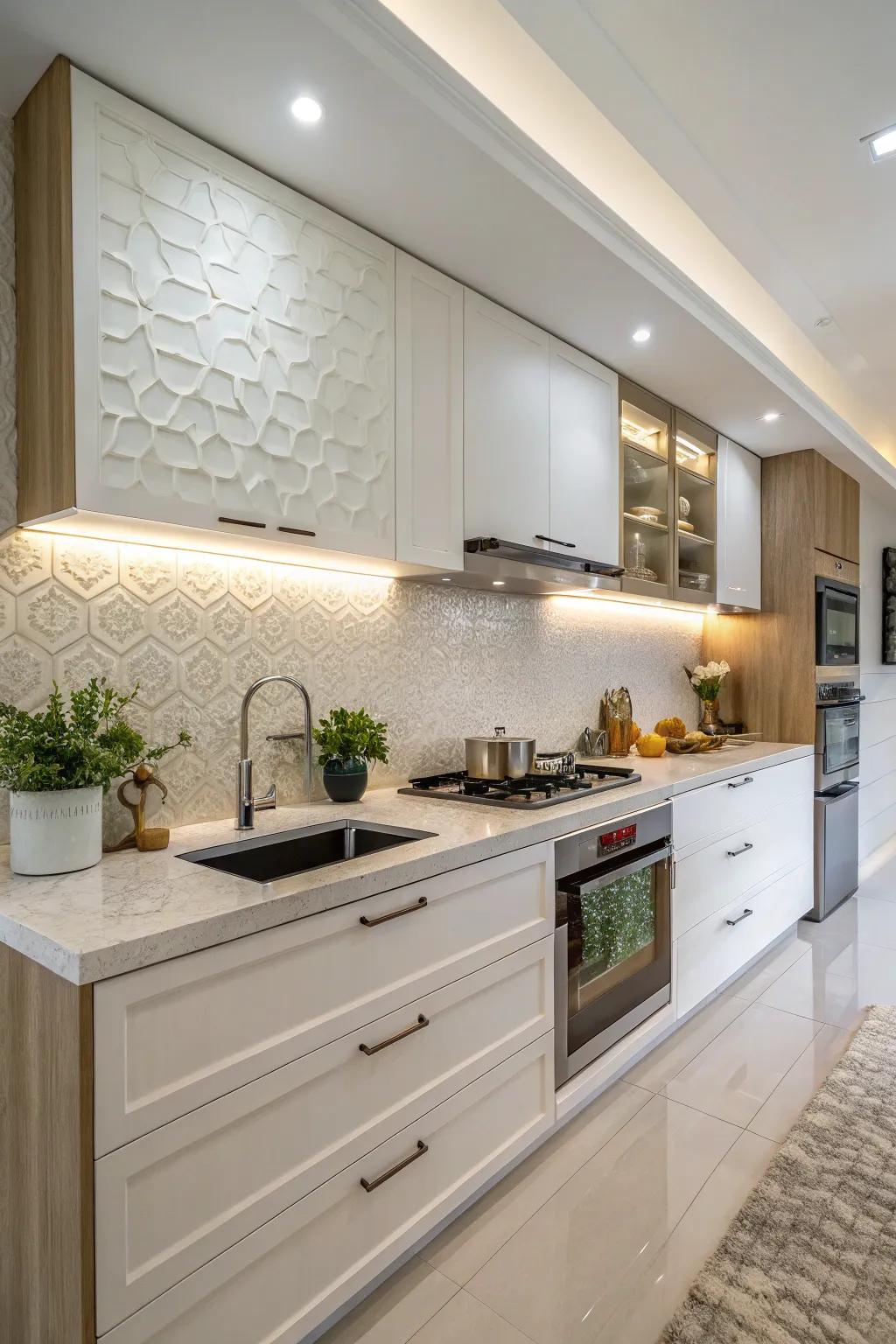 Environmentally kind white backsplash utilizing recycled materials.