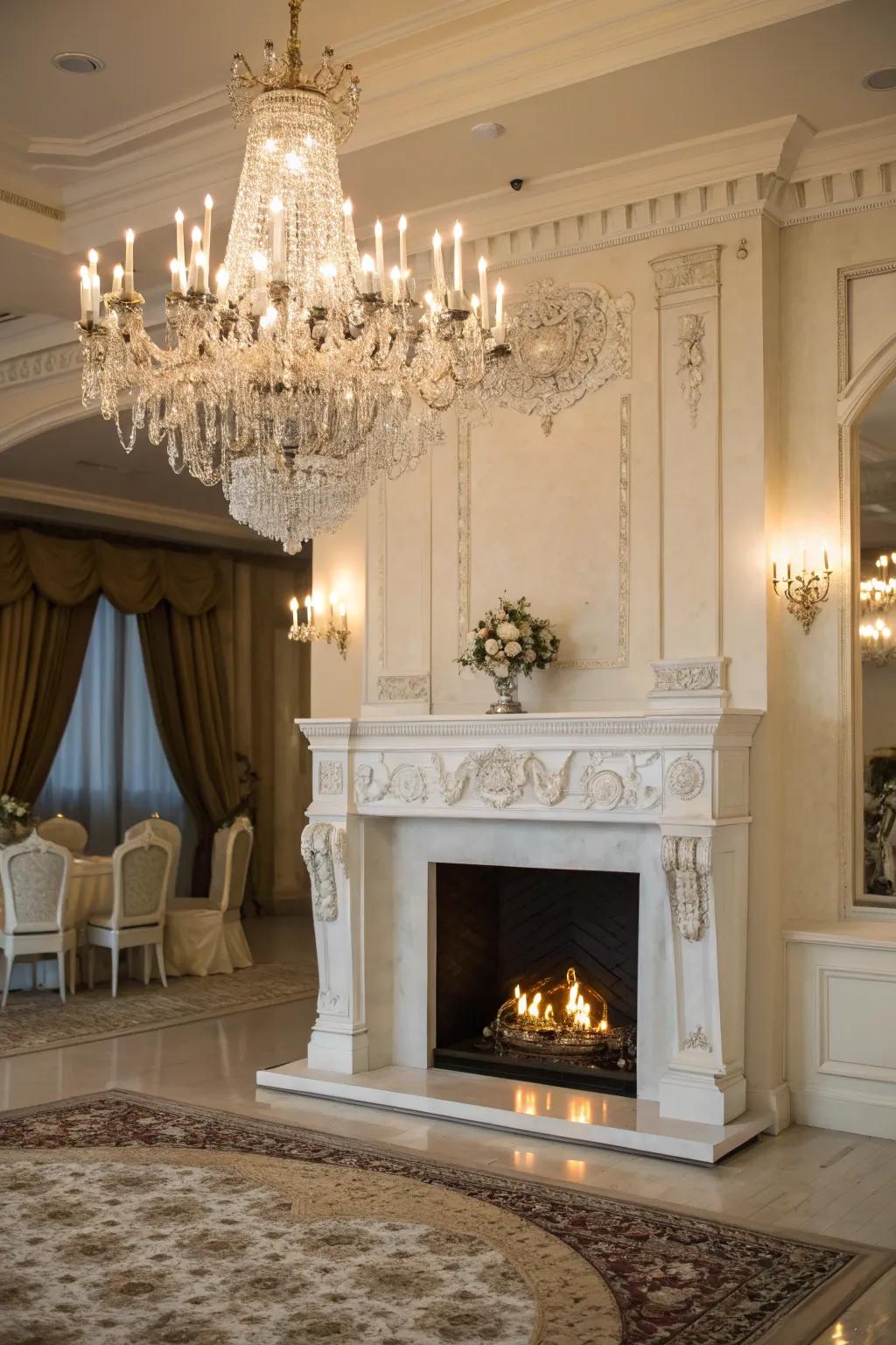 Dramatic lighting enhances the elegance of a white fireplace.