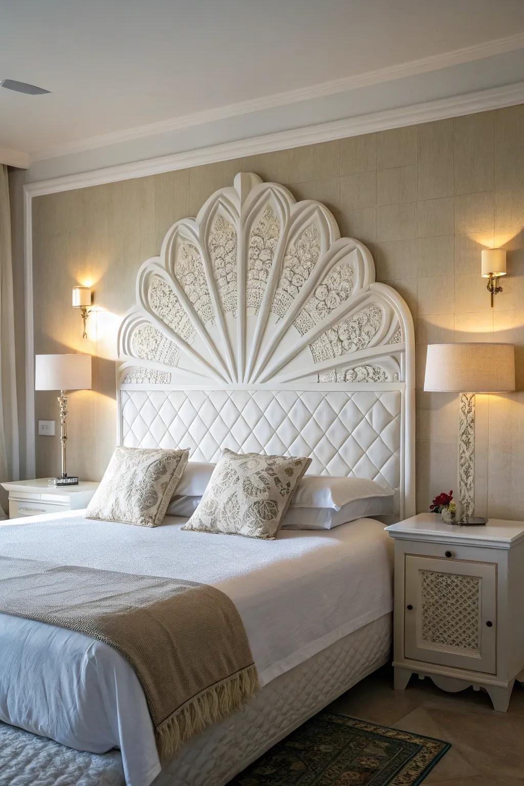 An artistic headboard can change the room's aesthetic.