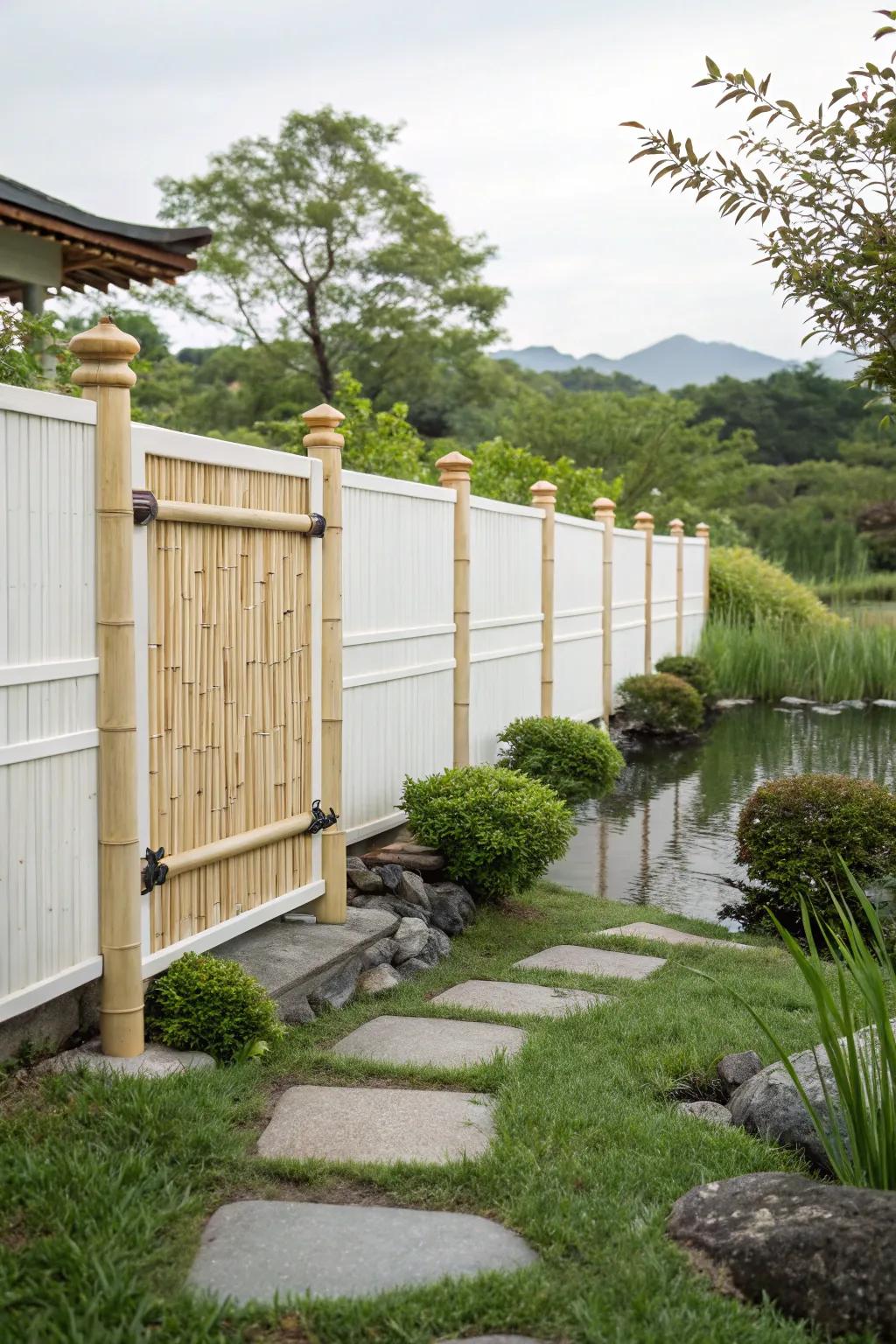 Bamboo accents on a white fence bring a touch of nature and tranquility.