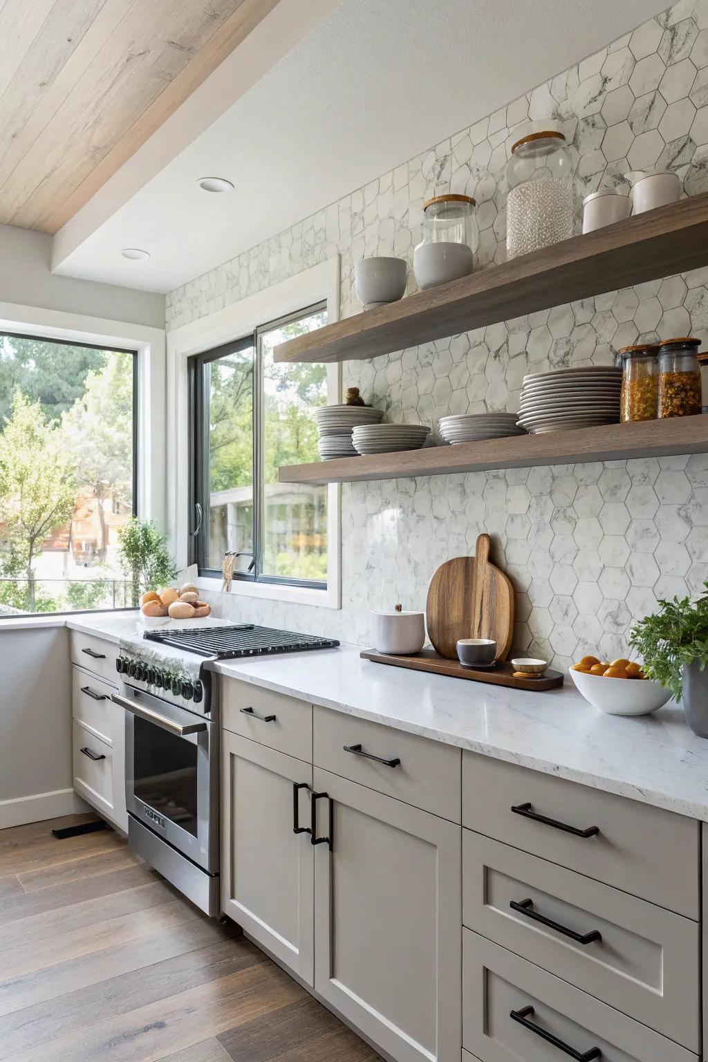 Crystalized stone backsplash complemented by open shelving to add a personal touch.